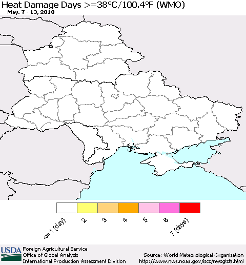 Ukraine, Moldova and Belarus Heat Damage Days >=38°C/100°F (WMO) Thematic Map For 5/7/2018 - 5/13/2018