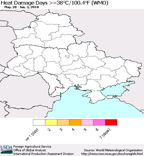 Ukraine, Moldova and Belarus Heat Damage Days >=38°C/100°F (WMO) Thematic Map For 5/28/2018 - 6/3/2018