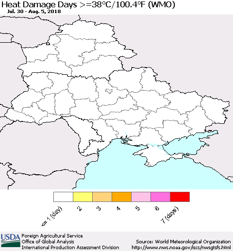 Ukraine, Moldova and Belarus Heat Damage Days >=38°C/100°F (WMO) Thematic Map For 7/30/2018 - 8/5/2018