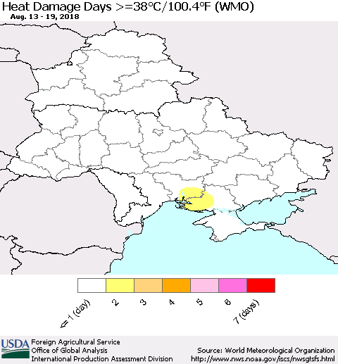 Ukraine, Moldova and Belarus Heat Damage Days >=38°C/100°F (WMO) Thematic Map For 8/13/2018 - 8/19/2018