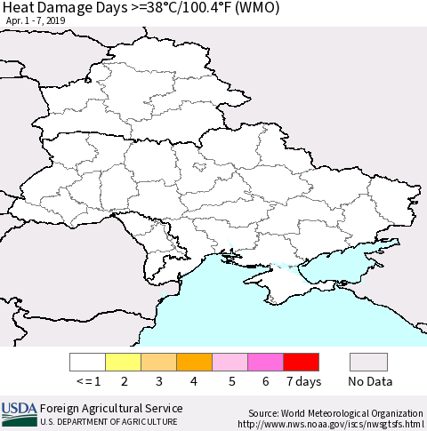 Ukraine, Moldova and Belarus Heat Damage Days >=38°C/100.4°F (WMO) Thematic Map For 4/1/2019 - 4/7/2019