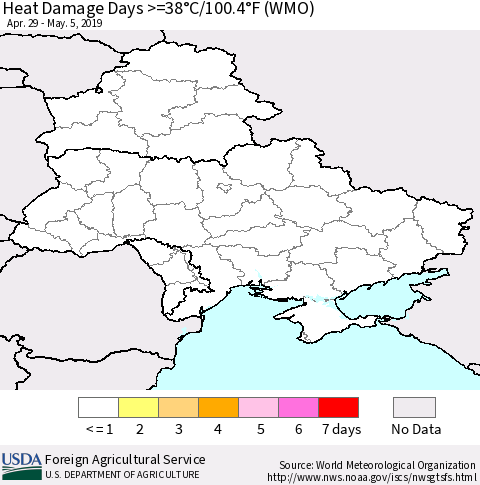 Ukraine, Moldova and Belarus Heat Damage Days >=38°C/100.4°F (WMO) Thematic Map For 4/29/2019 - 5/5/2019