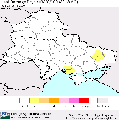 Ukraine, Moldova and Belarus Heat Damage Days >=38°C/100°F (WMO) Thematic Map For 6/29/2020 - 7/5/2020