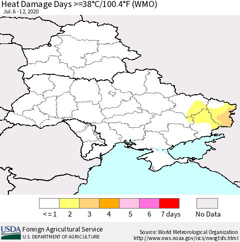 Ukraine, Moldova and Belarus Heat Damage Days >=38°C/100.4°F (WMO) Thematic Map For 7/6/2020 - 7/12/2020