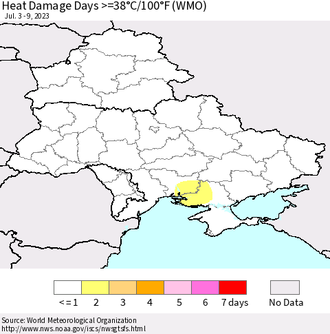 Ukraine, Moldova and Belarus Heat Damage Days >=38°C/100°F (WMO) Thematic Map For 7/3/2023 - 7/9/2023