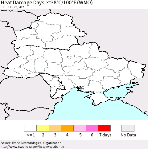 Ukraine, Moldova and Belarus Heat Damage Days >=38°C/100°F (WMO) Thematic Map For 7/17/2023 - 7/23/2023
