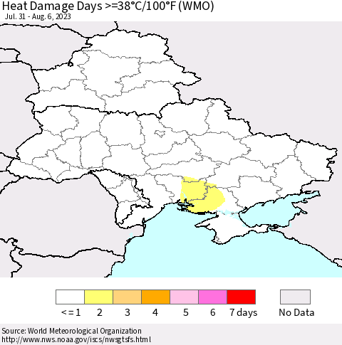 Ukraine, Moldova and Belarus Heat Damage Days >=38°C/100°F (WMO) Thematic Map For 7/31/2023 - 8/6/2023