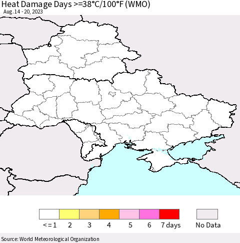 Ukraine, Moldova and Belarus Heat Damage Days >=38°C/100°F (WMO) Thematic Map For 8/14/2023 - 8/20/2023
