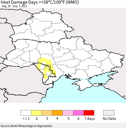 Ukraine, Moldova and Belarus Heat Damage Days >=38°C/100°F (WMO) Thematic Map For 8/28/2023 - 9/3/2023