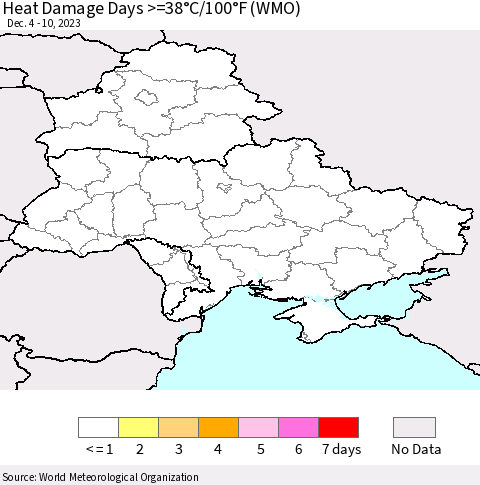 Ukraine, Moldova and Belarus Heat Damage Days >=38°C/100°F (WMO) Thematic Map For 12/4/2023 - 12/10/2023