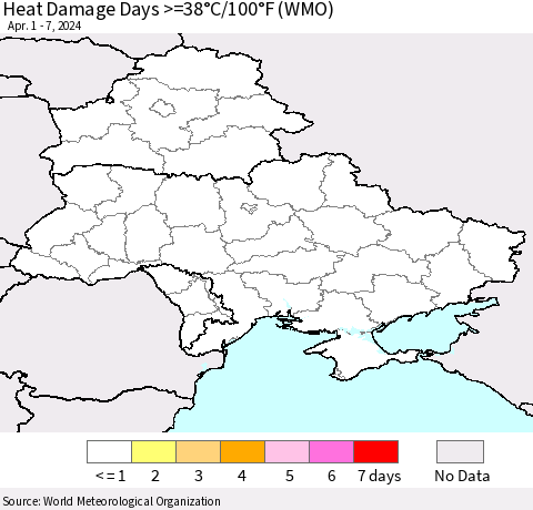 Ukraine, Moldova and Belarus Heat Damage Days >=38°C/100°F (WMO) Thematic Map For 4/1/2024 - 4/7/2024