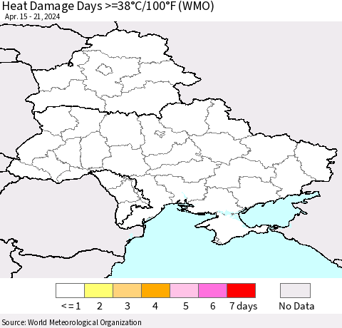 Ukraine, Moldova and Belarus Heat Damage Days >=38°C/100°F (WMO) Thematic Map For 4/15/2024 - 4/21/2024