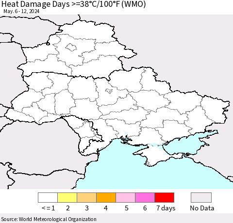 Ukraine, Moldova and Belarus Heat Damage Days >=38°C/100°F (WMO) Thematic Map For 5/6/2024 - 5/12/2024