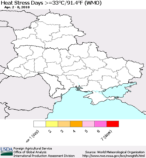 Ukraine, Moldova and Belarus Heat Stress Days >=35°C/95°F (WMO) Thematic Map For 4/2/2018 - 4/8/2018