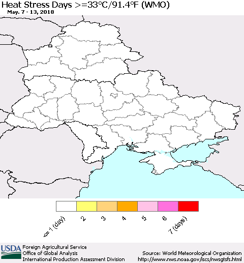 Ukraine, Moldova and Belarus Heat Stress Days >=35°C/95°F (WMO) Thematic Map For 5/7/2018 - 5/13/2018