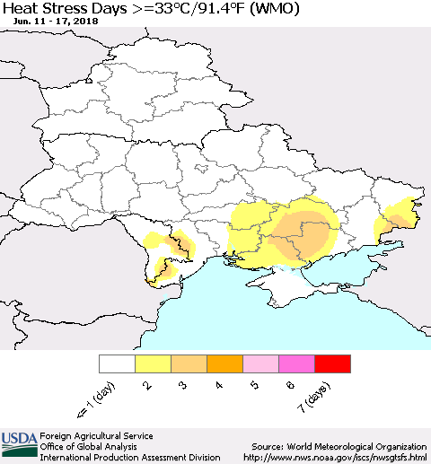 Ukraine, Moldova and Belarus Heat Stress Days >=35°C/95°F (WMO) Thematic Map For 6/11/2018 - 6/17/2018