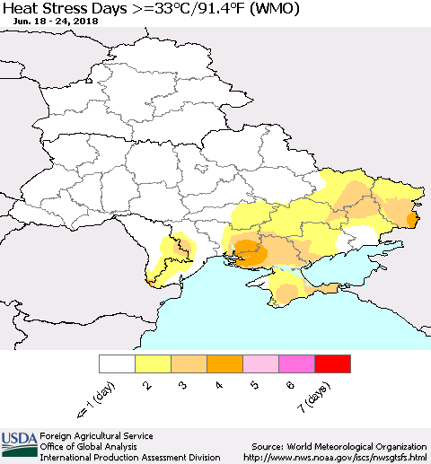 Ukraine, Moldova and Belarus Heat Stress Days >=35°C/95°F (WMO) Thematic Map For 6/18/2018 - 6/24/2018