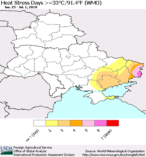 Ukraine, Moldova and Belarus Heat Stress Days >=35°C/95°F (WMO) Thematic Map For 6/25/2018 - 7/1/2018