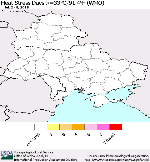 Ukraine, Moldova and Belarus Heat Stress Days >=35°C/95°F (WMO) Thematic Map For 7/2/2018 - 7/8/2018