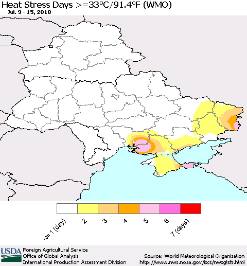 Ukraine, Moldova and Belarus Heat Stress Days >=35°C/95°F (WMO) Thematic Map For 7/9/2018 - 7/15/2018