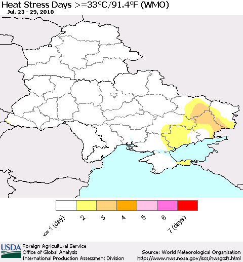 Ukraine, Moldova and Belarus Heat Stress Days >=35°C/95°F (WMO) Thematic Map For 7/23/2018 - 7/29/2018