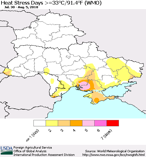 Ukraine, Moldova and Belarus Heat Stress Days >=35°C/95°F (WMO) Thematic Map For 7/30/2018 - 8/5/2018