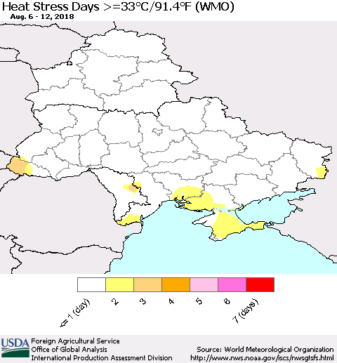 Ukraine, Moldova and Belarus Heat Stress Days >=35°C/95°F (WMO) Thematic Map For 8/6/2018 - 8/12/2018