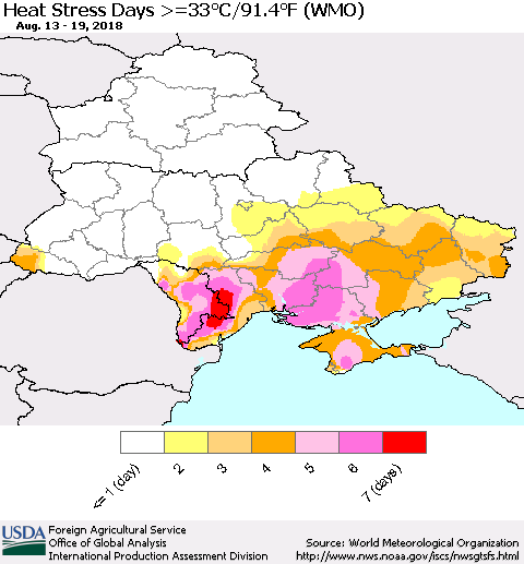 Ukraine, Moldova and Belarus Heat Stress Days >=35°C/95°F (WMO) Thematic Map For 8/13/2018 - 8/19/2018