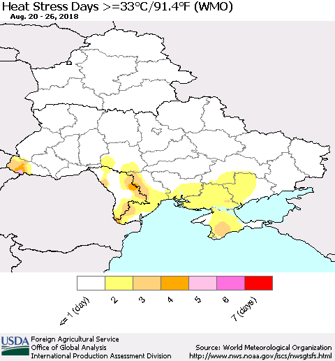 Ukraine, Moldova and Belarus Heat Stress Days >=35°C/95°F (WMO) Thematic Map For 8/20/2018 - 8/26/2018