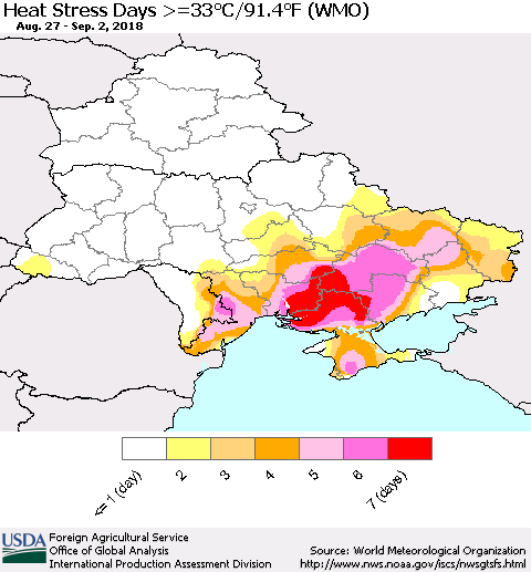 Ukraine, Moldova and Belarus Heat Stress Days >=35°C/95°F (WMO) Thematic Map For 8/27/2018 - 9/2/2018