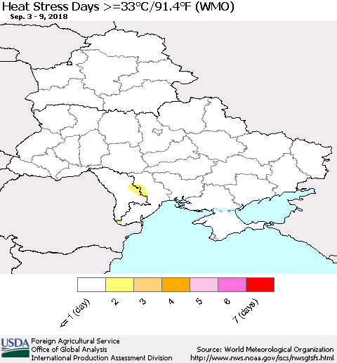 Ukraine, Moldova and Belarus Heat Stress Days >=35°C/95°F (WMO) Thematic Map For 9/3/2018 - 9/9/2018
