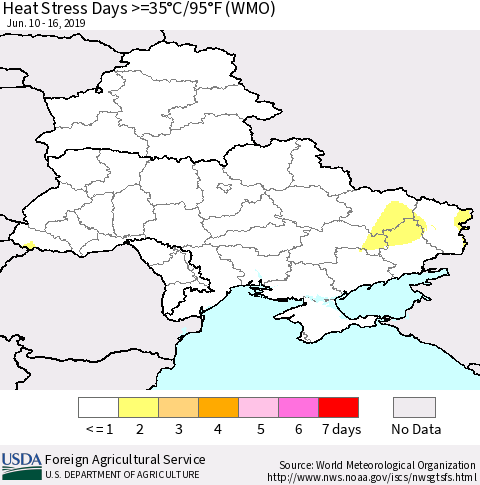 Ukraine, Moldova and Belarus Heat Stress Days >=35°C/95°F (WMO) Thematic Map For 6/10/2019 - 6/16/2019