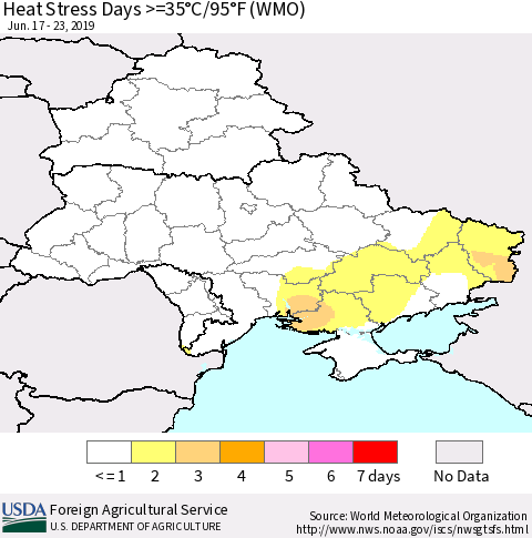 Ukraine, Moldova and Belarus Heat Stress Days >=35°C/95°F (WMO) Thematic Map For 6/17/2019 - 6/23/2019