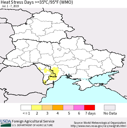 Ukraine, Moldova and Belarus Heat Stress Days >=35°C/95°F (WMO) Thematic Map For 7/1/2019 - 7/7/2019