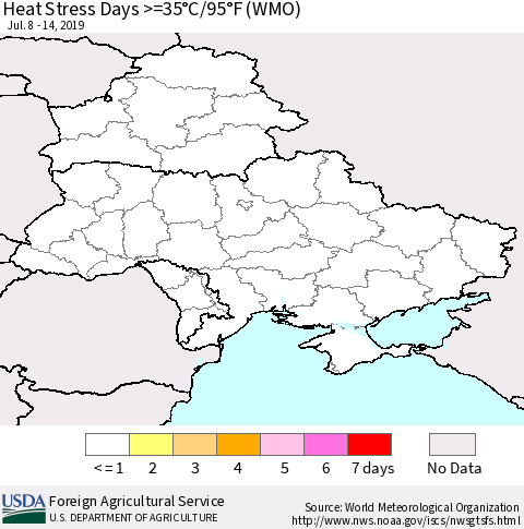 Ukraine, Moldova and Belarus Heat Stress Days >=35°C/95°F (WMO) Thematic Map For 7/8/2019 - 7/14/2019