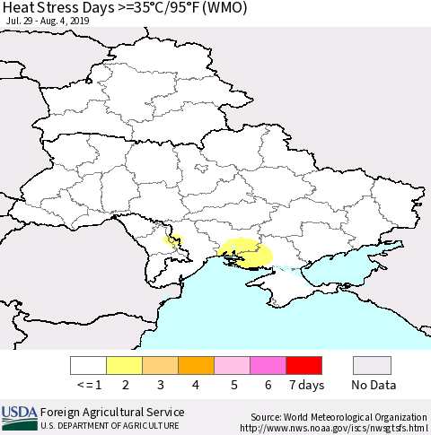 Ukraine, Moldova and Belarus Heat Stress Days >=35°C/95°F (WMO) Thematic Map For 7/29/2019 - 8/4/2019