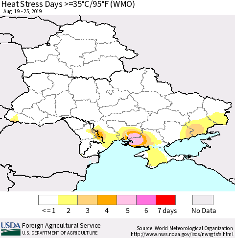 Ukraine, Moldova and Belarus Heat Stress Days >=35°C/95°F (WMO) Thematic Map For 8/19/2019 - 8/25/2019