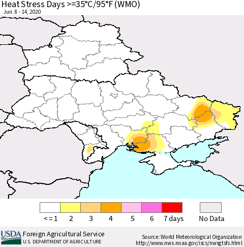 Ukraine, Moldova and Belarus Heat Stress Days >=35°C/95°F (WMO) Thematic Map For 6/8/2020 - 6/14/2020
