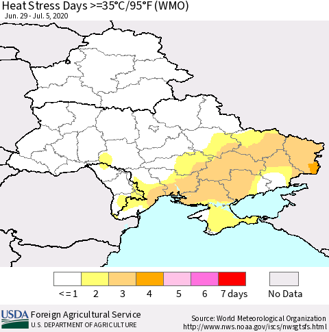 Ukraine, Moldova and Belarus Heat Stress Days >=35°C/95°F (WMO) Thematic Map For 6/29/2020 - 7/5/2020