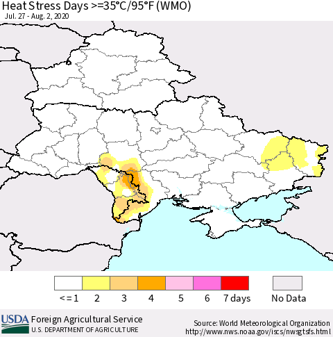 Ukraine, Moldova and Belarus Heat Stress Days >=35°C/95°F (WMO) Thematic Map For 7/27/2020 - 8/2/2020