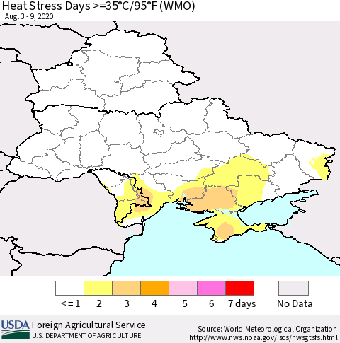 Ukraine, Moldova and Belarus Heat Stress Days >=35°C/95°F (WMO) Thematic Map For 8/3/2020 - 8/9/2020