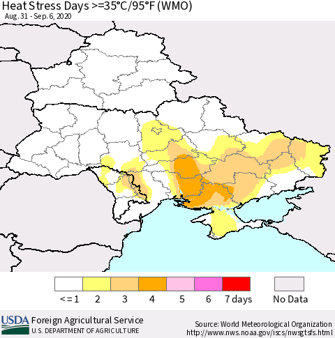 Ukraine, Moldova and Belarus Heat Stress Days >=35°C/95°F (WMO) Thematic Map For 8/31/2020 - 9/6/2020