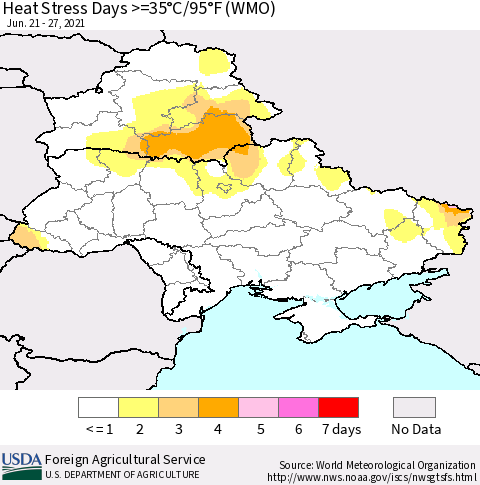 Ukraine, Moldova and Belarus Heat Stress Days >=35°C/95°F (WMO) Thematic Map For 6/21/2021 - 6/27/2021