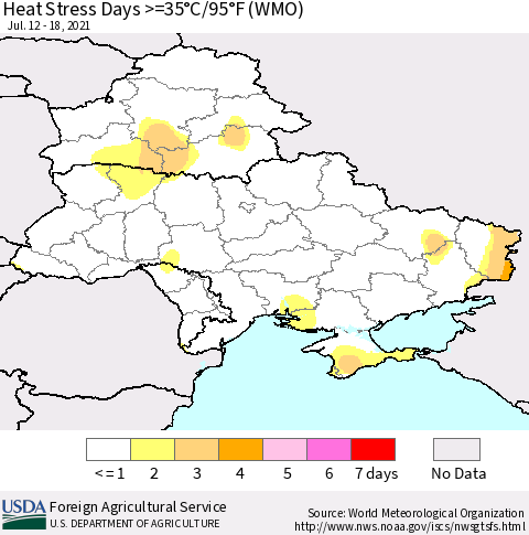 Ukraine, Moldova and Belarus Heat Stress Days >=35°C/95°F (WMO) Thematic Map For 7/12/2021 - 7/18/2021