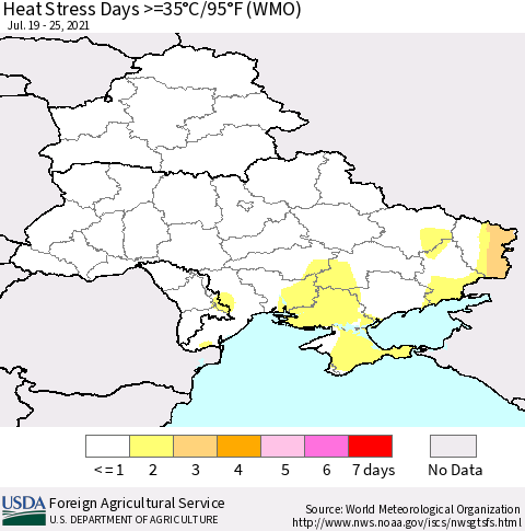 Ukraine, Moldova and Belarus Heat Stress Days >=35°C/95°F (WMO) Thematic Map For 7/19/2021 - 7/25/2021