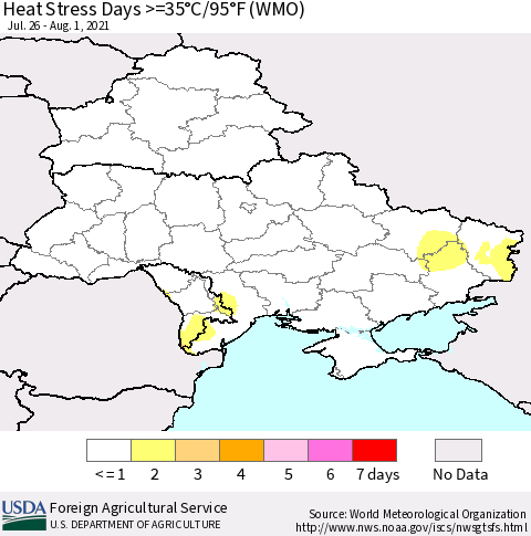 Ukraine, Moldova and Belarus Heat Stress Days >=35°C/95°F (WMO) Thematic Map For 7/26/2021 - 8/1/2021