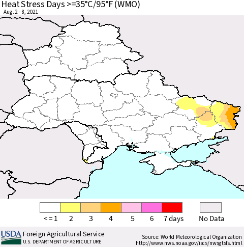 Ukraine, Moldova and Belarus Heat Stress Days >=35°C/95°F (WMO) Thematic Map For 8/2/2021 - 8/8/2021