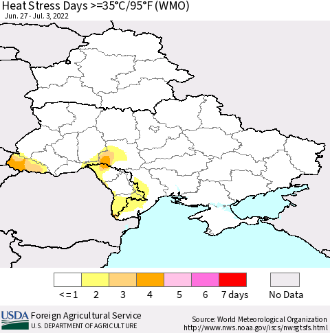 Ukraine, Moldova and Belarus Heat Stress Days >=35°C/95°F (WMO) Thematic Map For 6/27/2022 - 7/3/2022