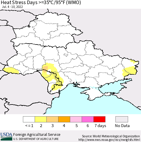 Ukraine, Moldova and Belarus Heat Stress Days >=35°C/95°F (WMO) Thematic Map For 7/4/2022 - 7/10/2022
