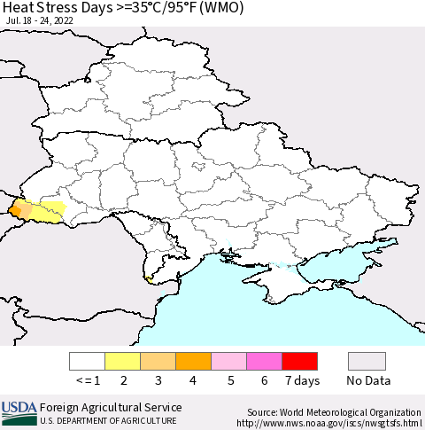 Ukraine, Moldova and Belarus Heat Stress Days >=35°C/95°F (WMO) Thematic Map For 7/18/2022 - 7/24/2022